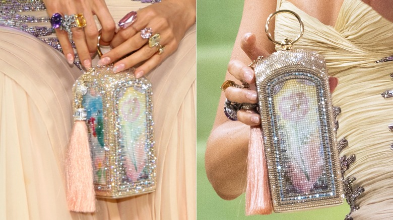 Image côte à côte du sac à main pailleté que Blake Lively portait au Met Gala 2026.