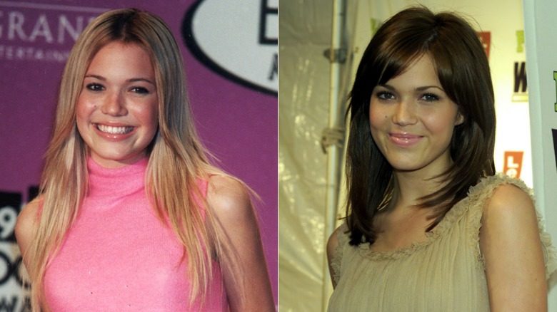 Image partagée de Mandy Moore en blonde à gauche et en brune à droite.