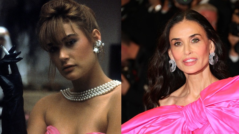 Demi Moore photographiée dans une photo de 1985 de "Feu de Saint-Elme" à gauche et séparément en 2026 à droite