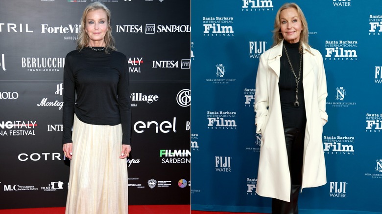Bo Derek pose sur un tapis rouge dans des tenues en noir et blanc