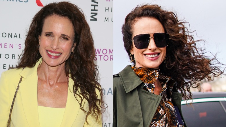 Andie MacDowell en 2020 avec des cheveux bouclés châtain foncé