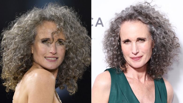 Andie MacDowell en 2022 avec des cheveux bouclés et serrés dans une teinte argentée