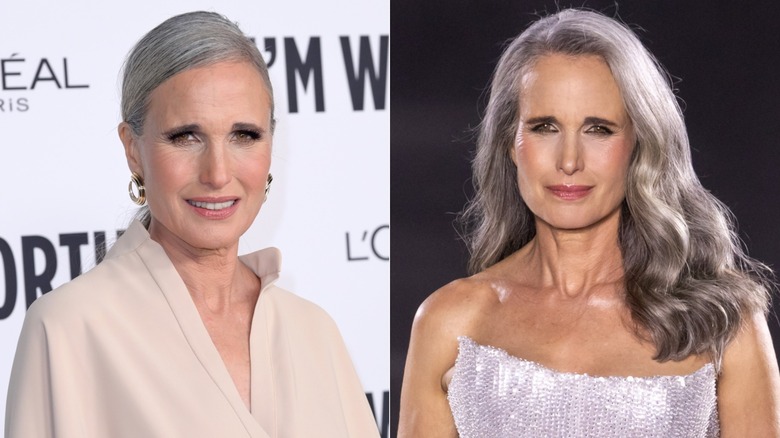 Andie MacDowell en 2024 avec les cheveux tirés en arrière et avec des vagues lâches