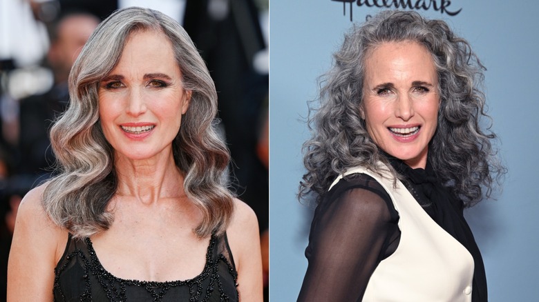 Andie MacDowell en 2023 avec des cheveux gris ondulés et des cheveux gris bouclés