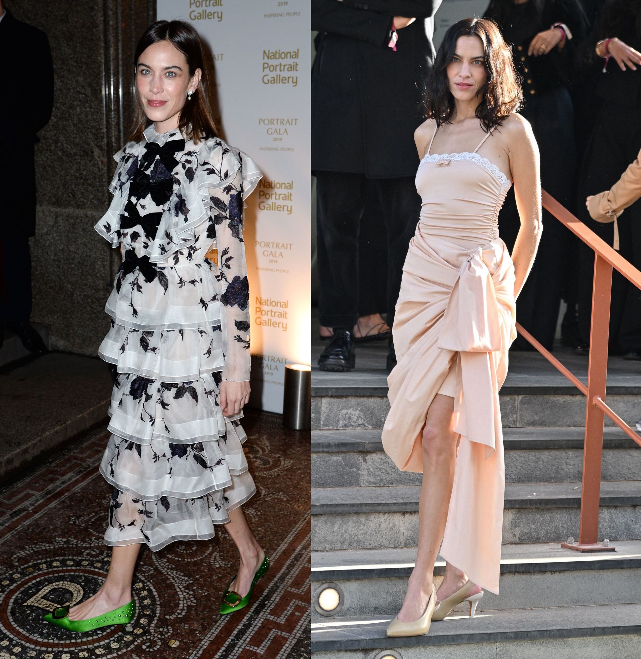 Alexa Chung dans une robe à volants et nœuds Erdem et avec rideaux et nœuds Chloé.