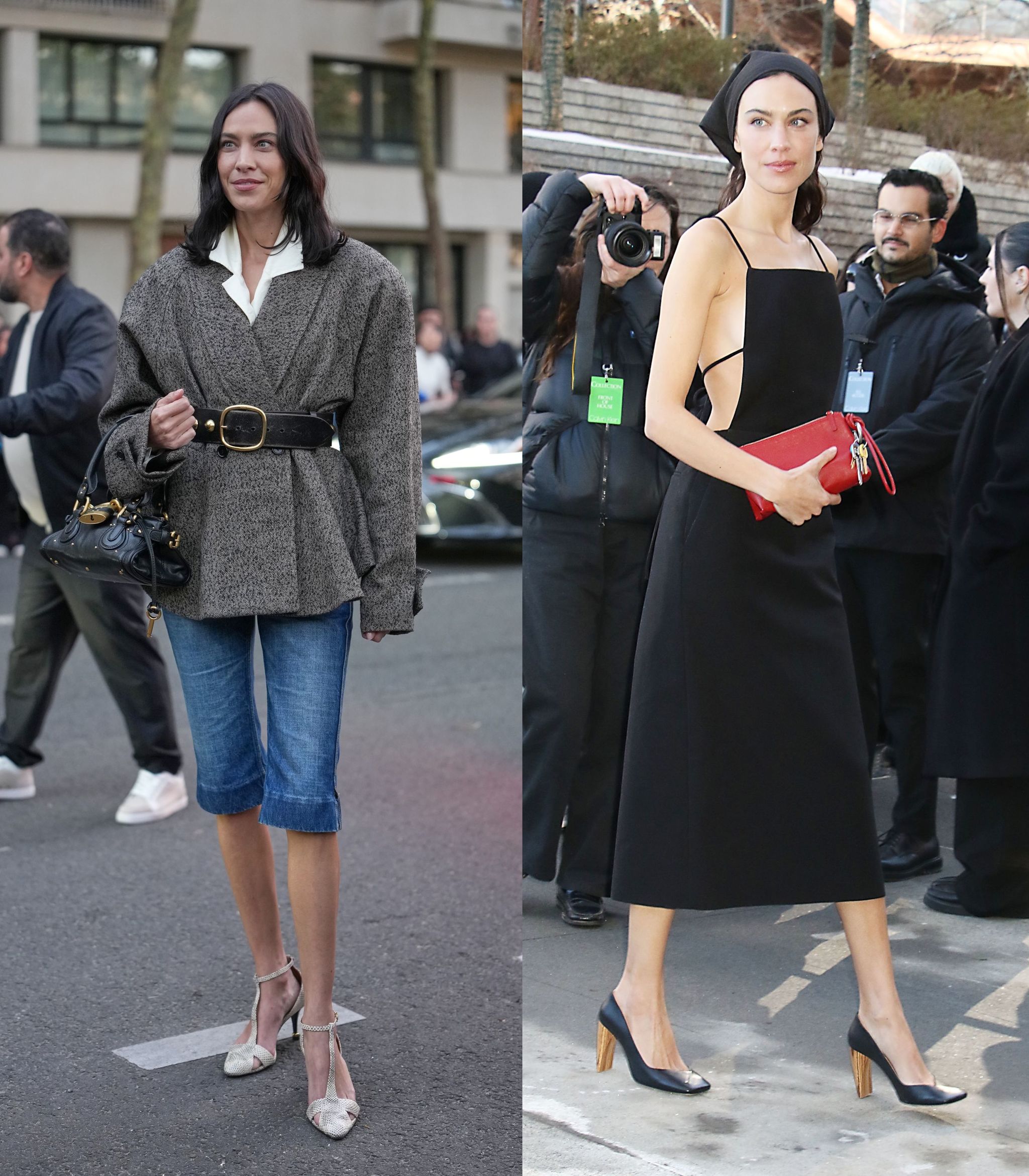 Alexa Chung avec un jean capri et une robe tablier noire, deux tendances saisonnières sur lesquelles elle mise.