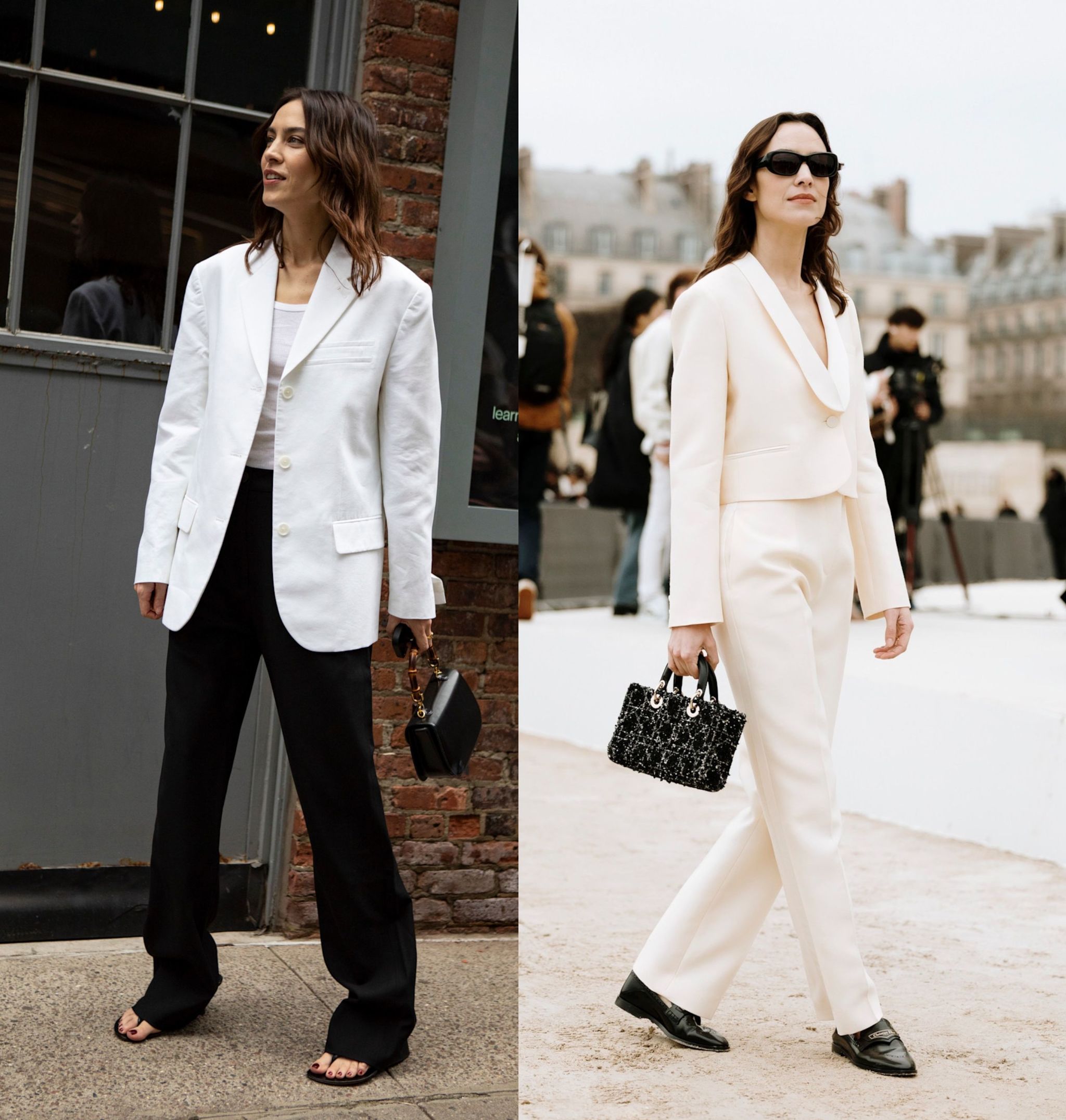 Alexa Chung avec un blazer et un pantalon allie le noir et le blanc.