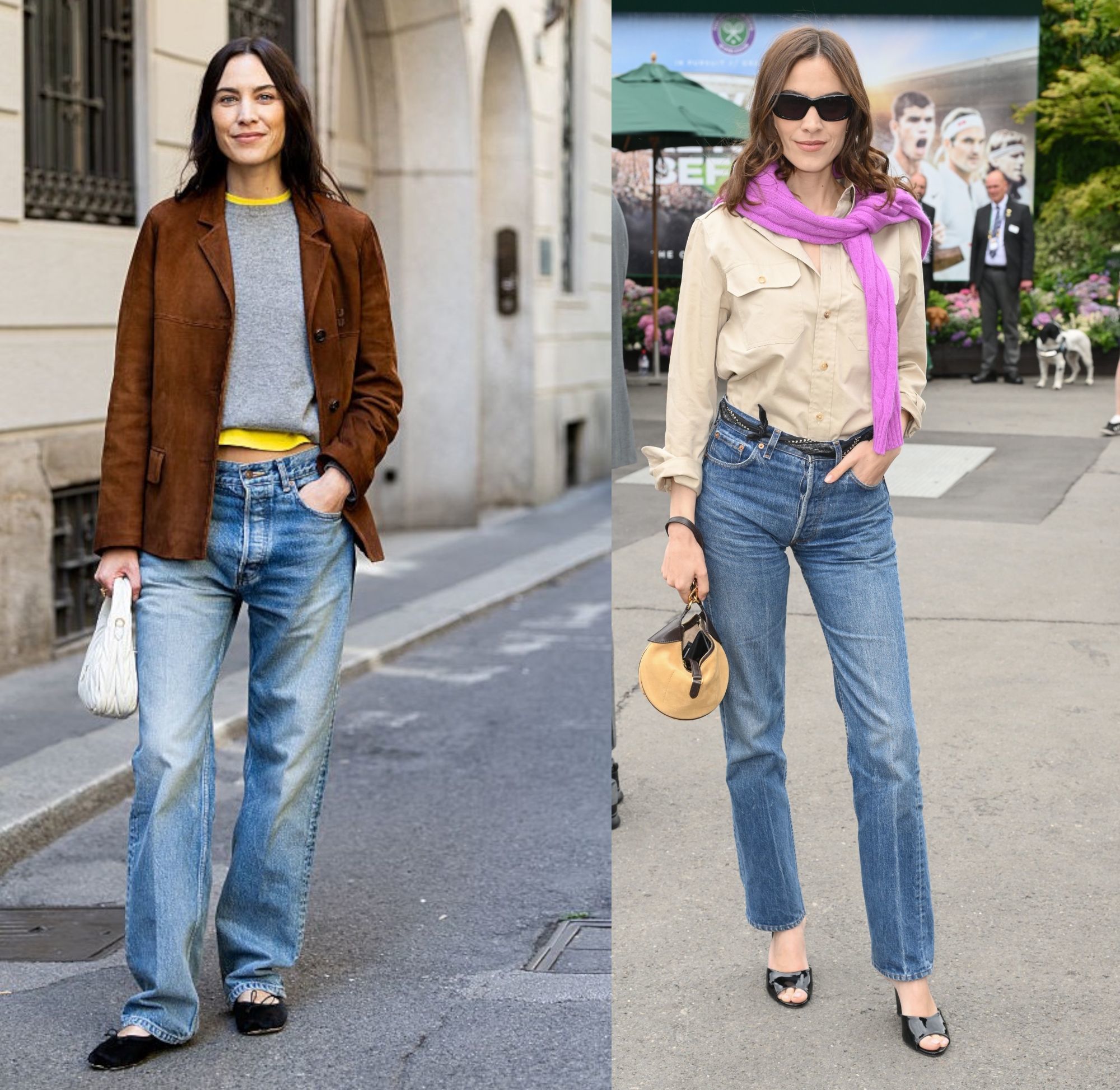 Alexa Chung avec des looks cowboy avec une touche de couleur et des petits sacs spéciaux.