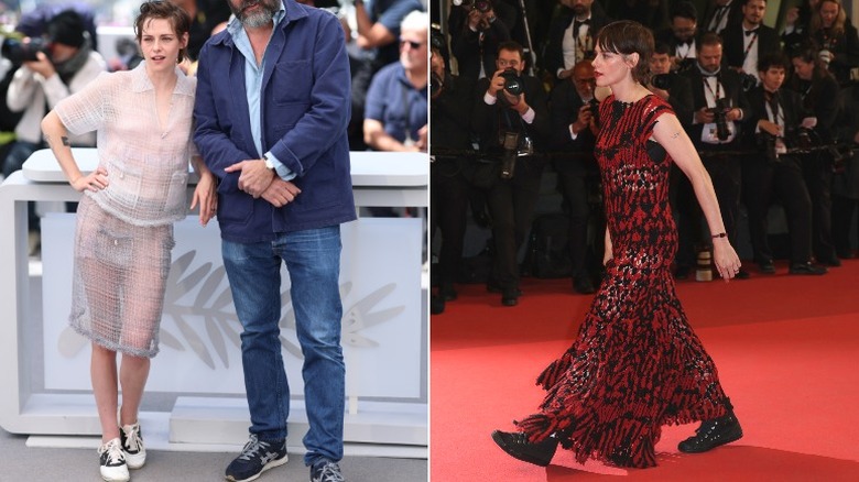 Image partagée de Kristen Stewart au Festival de Cannes, portant une tenue transparente avec des chaussures de selle à gauche et une robe rouge avec des bottes noires à droite.
