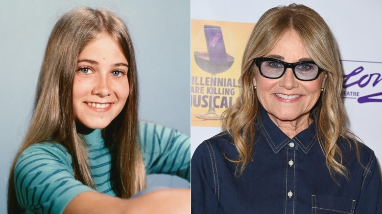 Photos côte à côte de Maureen McCormick enfant portant une chemise rayée à gauche et adulte portant une chemise en jean et des lunettes de soleil à droite.