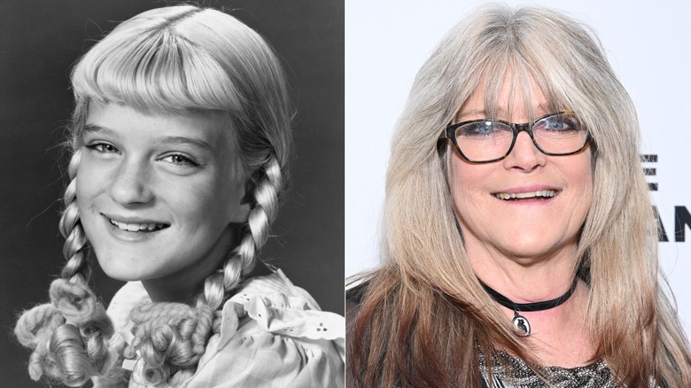 Photos côte à côte de Susan Olsen enfant avec des tresses en queue de cochon à gauche et d'un adulte avec des lunettes et un collier ras du cou à droite.
