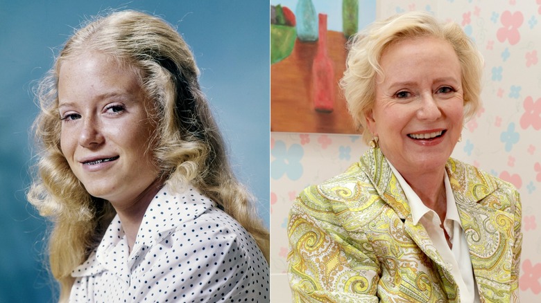 Photos côte à côte d'Eve Plumb enfant vêtue d'une chemise à pois lorsqu'elle était enfant à gauche et d'un adulte vêtu d'un blazer cachemire à droite.
