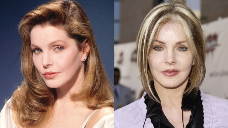 Des photos côte à côte de Priscilla Presley la montrent avec deux couleurs de cheveux différentes : une teinte brun caramel (à gauche) et un look blond à rayures skunk (à droite).