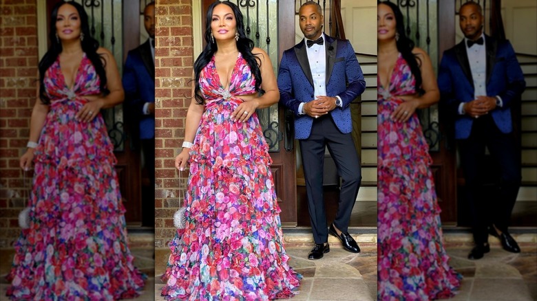 Egypt Sherrod portant une robe à fleurs rose aux côtés de son mari Mike Jackson
