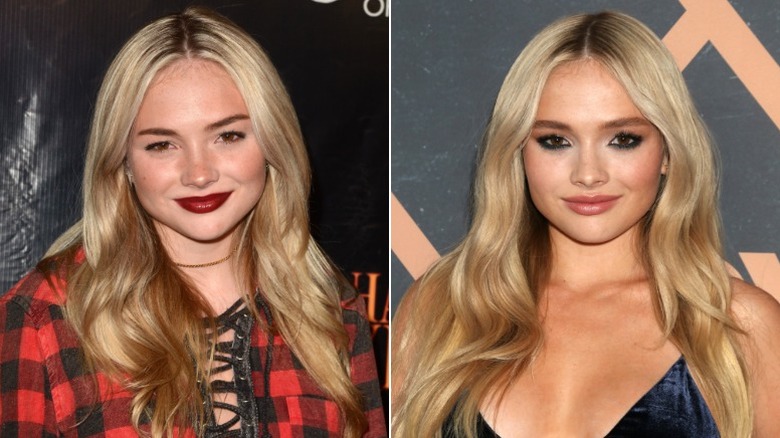 Natalie Alyn Lind portant des lèvres rouges épaisses à Los Angeles et lors d'une soirée Fox avec un regard lourd