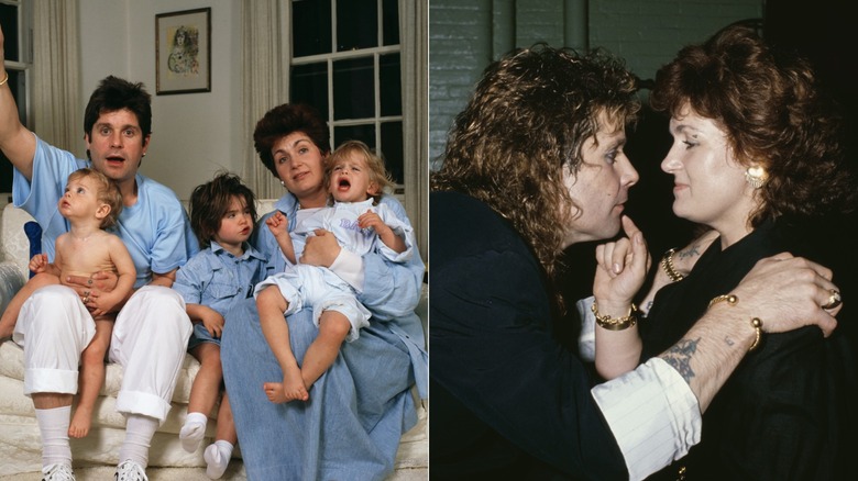 Côte à côte, Sharon Osbourne avec sa famille dans les années 1980 et Sharon et Ozzy se regardent
