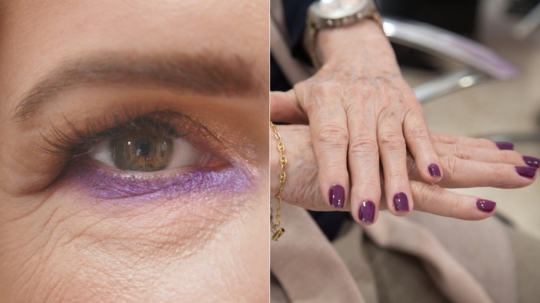 Côte à côte, un œil avec un fard à paupières violet et des mains avec du vernis à ongles violet.