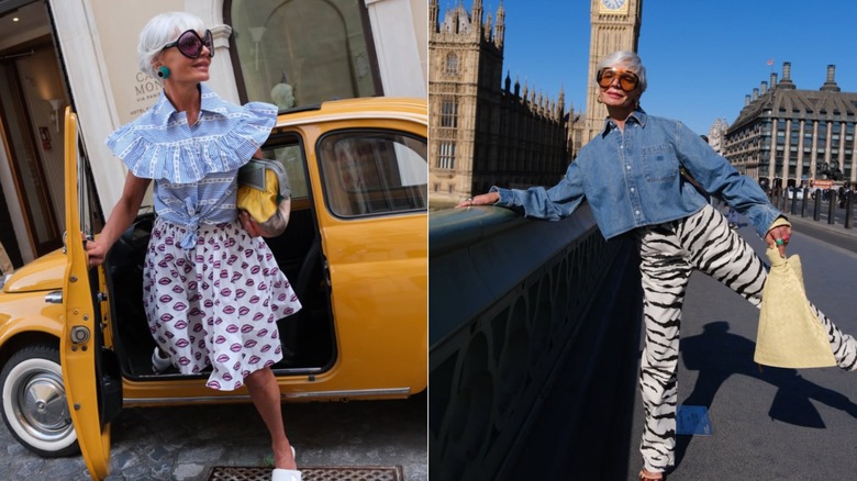 Grece Ghanem sort d'un taxi jaune / Grece Ghanem porte un pantalon zébré et une chemise en jean