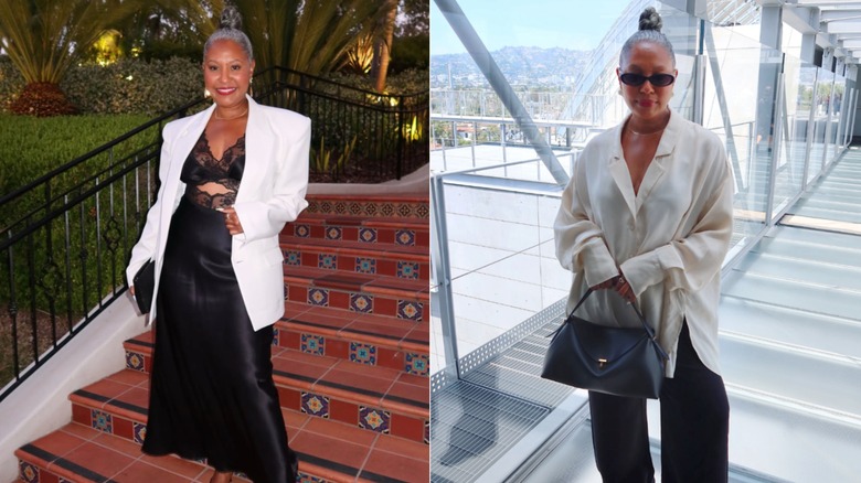Tennille Jenkins sourit en portant une robe noire et un blazer blanc / Tennille Jenkins pose avec une chemise blanche et des lunettes de soleil