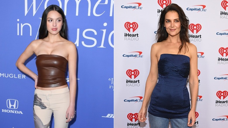 À gauche : Olivia Rodrigo aux Billboard Women in Music Awards 2023. À droite : Katie Holmes pose sur le tapis rouge du iHeartRadio Jingle Ball.
