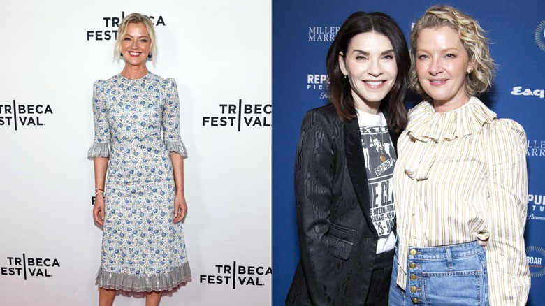 Aux côtés de Gretchen Mol en robe à fleurs et en chemisier à volants avec Julianna Margulies