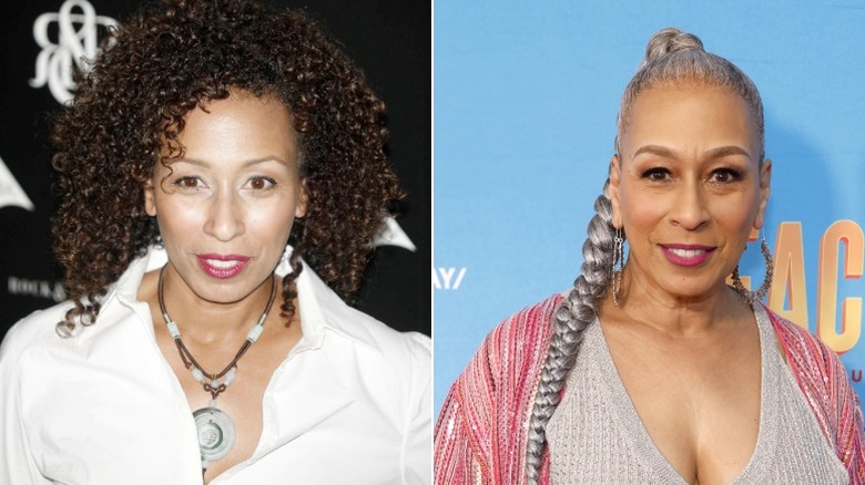 Tamara Tunie pose lors d'événements avec des cheveux bruns et une tresse argentée