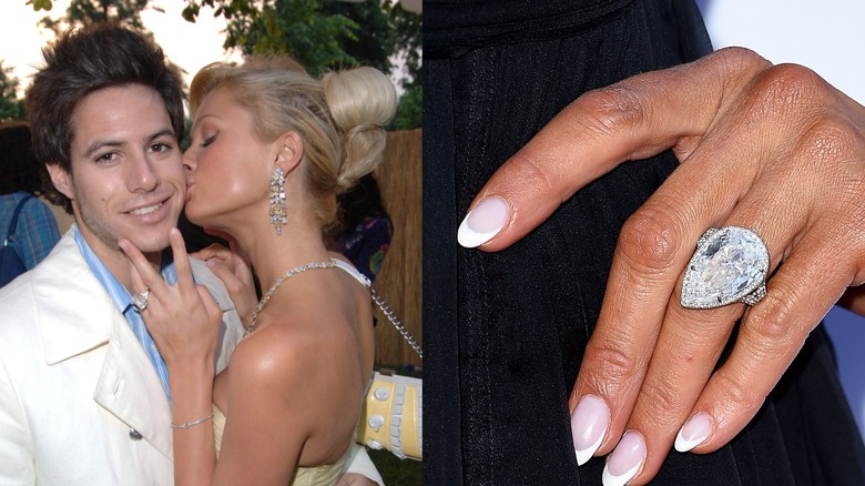 À gauche : Paris Hilton embrasse son ancien fiancé Paris Latsis sur la joue À droite : Gros plan sur la main de Paris Hilton avec sa bague de fiançailles