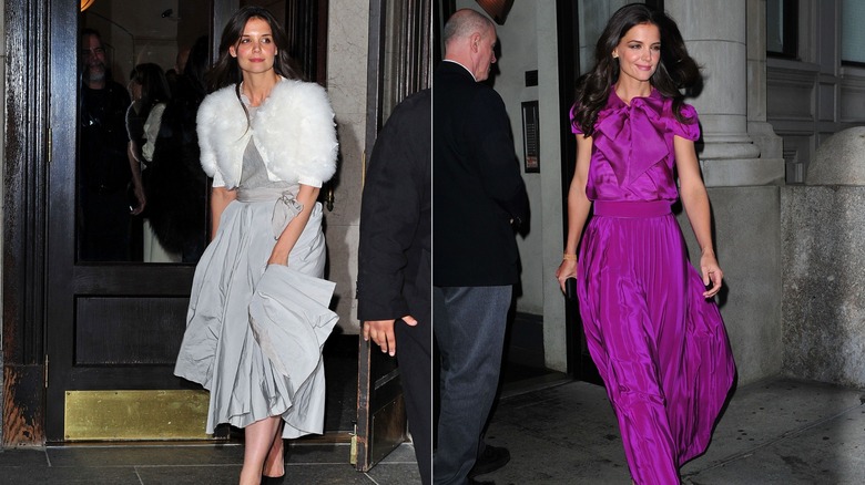 Katie Holmes dans une robe grise et une veste de fourrure à New York en mars 2011 / Katie Holmes dans une robe violette à New York en mai 2011