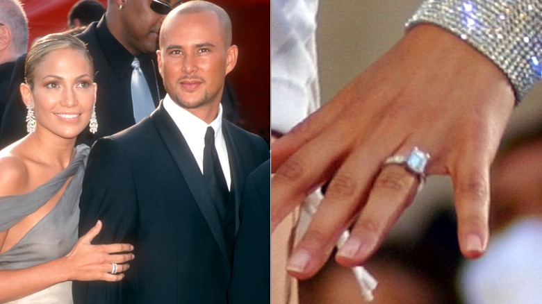 À GAUCHE : Jennifer Lopez posant aux côtés de Chris Judd À DROITE : la bague de fiançailles de Lopez de Judd en gros plan.