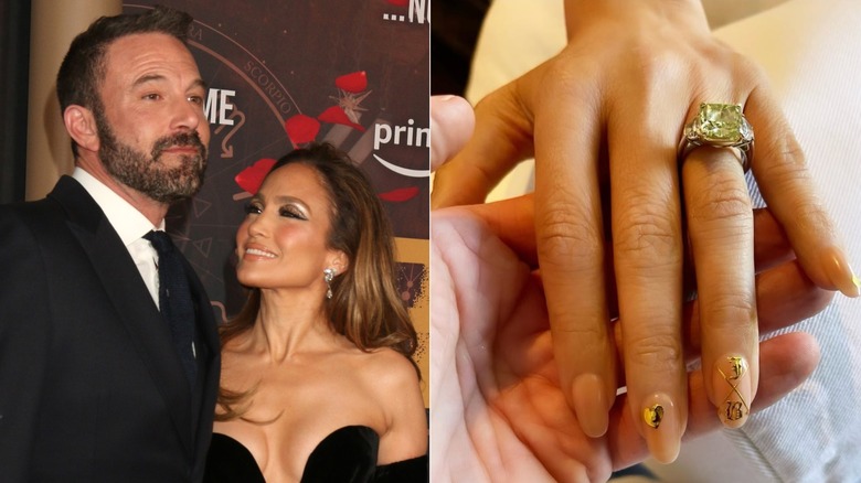 Jennifer Lopez et Ben Affleck vêtus de noir, posant ensemble sur un tapis