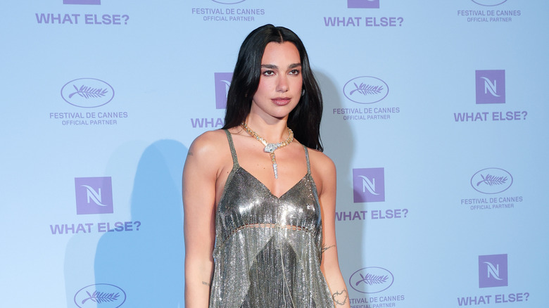 Dua Lipa pose dans une robe argentée métallisée