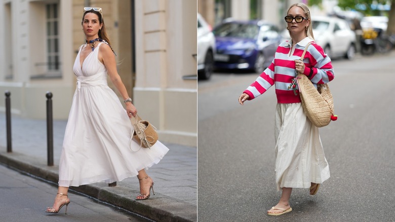 Une femme porte une longue robe blanche et un sac à main tissé.