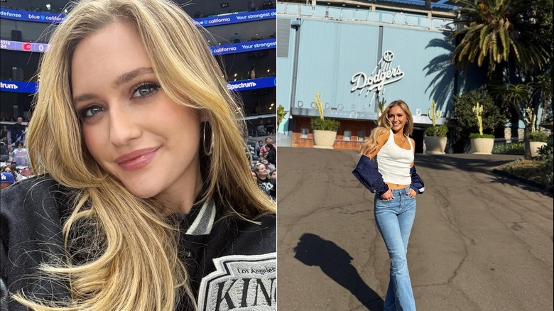 À gauche, Maggie Sajak a pris un selfie avec ses cheveux blonds encadrant son visage lors d'un match des LA Kings en mars 2026, et à droite, Sajak pose devant le Dodger Stadium en jean, un débardeur blanc et une veste qui lui pend aux coudes en 2025.