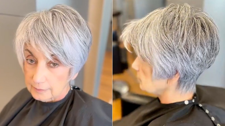 Une photo côte à côte d'une femme plus âgée avec une coupe compensée grise