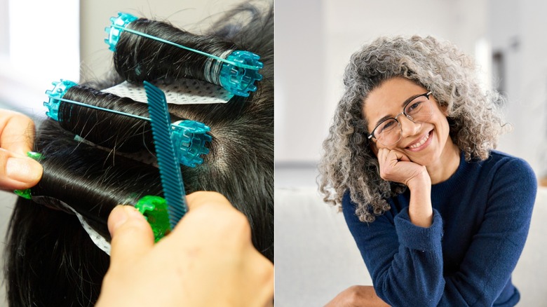 Un coiffeur coiffant une permanente et une femme aux cheveux bouclés permanentés