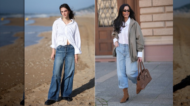 Deux femmes vêtues d'une chemise boutonnée blanche et d'un jean large.