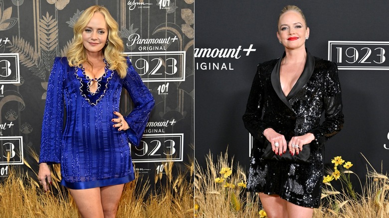 Photos côte à côte de Marley Shelton dans une robe bleue scintillante avec ses cheveux ondulés à gauche et dans une mini-robe noire scintillante avec des lèvres rouges à droite.
