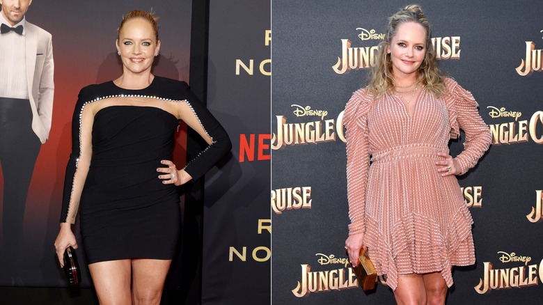 Photos côte à côte de Marley Shelton portant une robe noire avec des découpes transparentes sur les manches à gauche et une robe rose à droite.