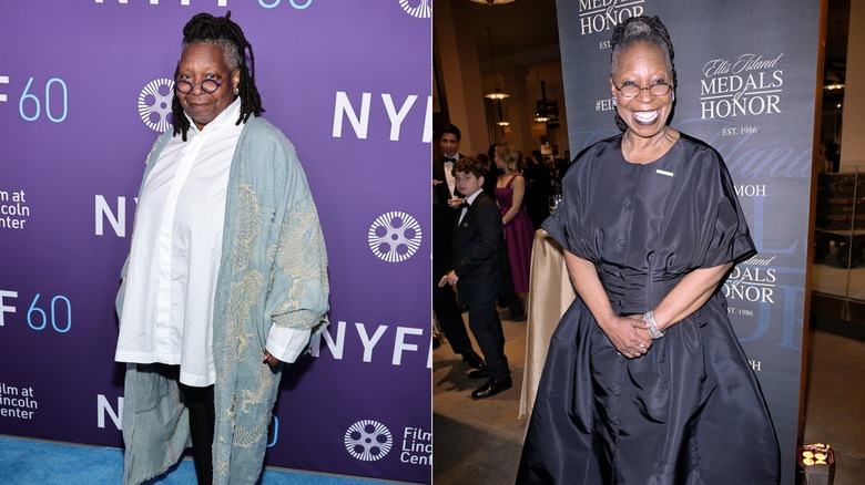 Whoopi Goldberg pose vêtue d'une chemise blanche / Whoopi Goldberg sourit vêtue d'une robe noire