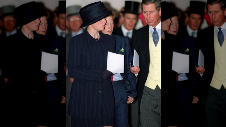 Zara Phillips, le prince Harry et le prince Charles lors du mariage de Santa Montefiore et Simon Sebag-Montefiore à Londres en octobre 1998