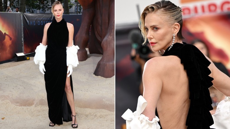 Charlize Theron dans une robe noire Givenchy et des cheveux lissés lors de la première mondiale de L'Odyssée