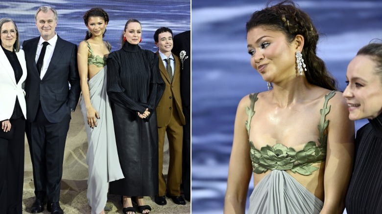 Côte à côte : (à gauche) Zendaya avec les acteurs et l'équipe sur le tapis blanc de The Odyssey, (à droite) Zendaya en gros plan sur l'événement