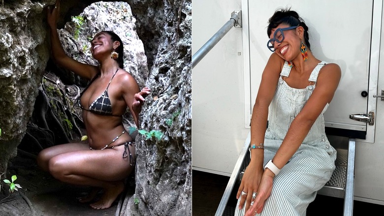 Photos côte à côte d'Aminah Nieves posant en bikini à gauche et en salopette à droite.