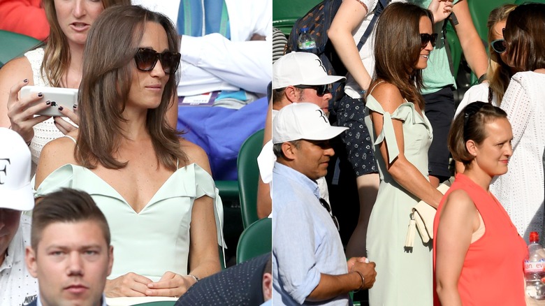 Pippa Middleton portant une robe vert clair à épaules dénudées et des lunettes de soleil à Wimbledon en 2017.