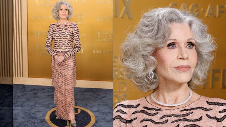 Image partagée de Jane Fonda portant une robe rose et noire scintillante lors des Screen Actors Guild Awards 2025.