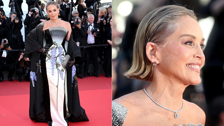 Image partagée de Sharon Stone portant une robe de tapis rouge élaborée au Festival de Cannes en 2026.