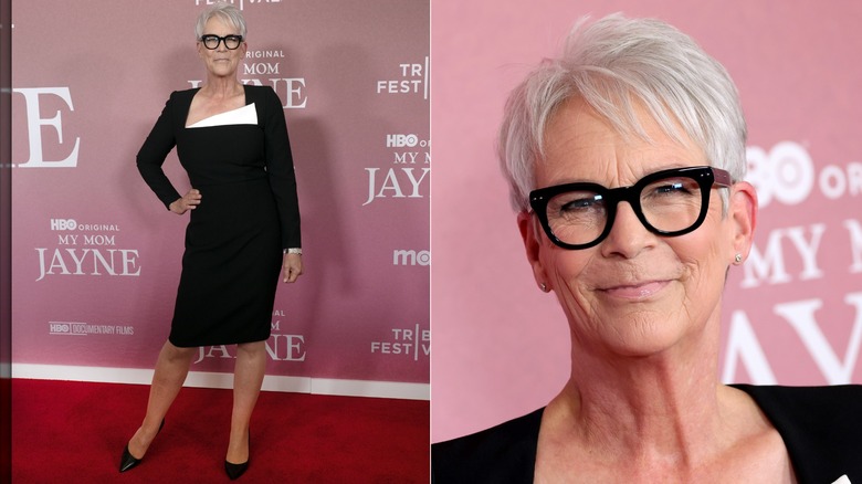 Image partagée de Jamie Lee Curtis portant une robe noire avec un accent blanc au Tribeca Festival en 2025.