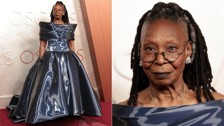 Image partagée de Whoopi Goldberg dans une robe rouge brillante lors des Oscars en 2025.