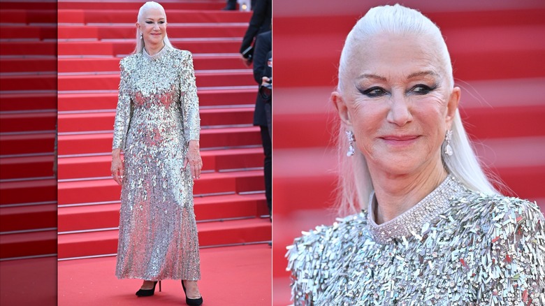 Image partagée d'Helen Mirren portant une robe argentée étincelante avec les cheveux tirés en arrière au Festival de Cannes en 2022.