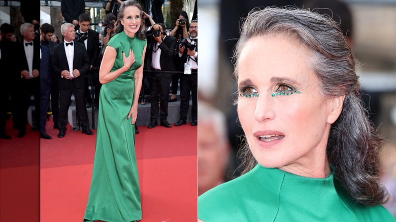Image partagée d'Andie MacDowell portant une robe verte avec des bijoux verts sous les yeux au Festival de Cannes en 2022.